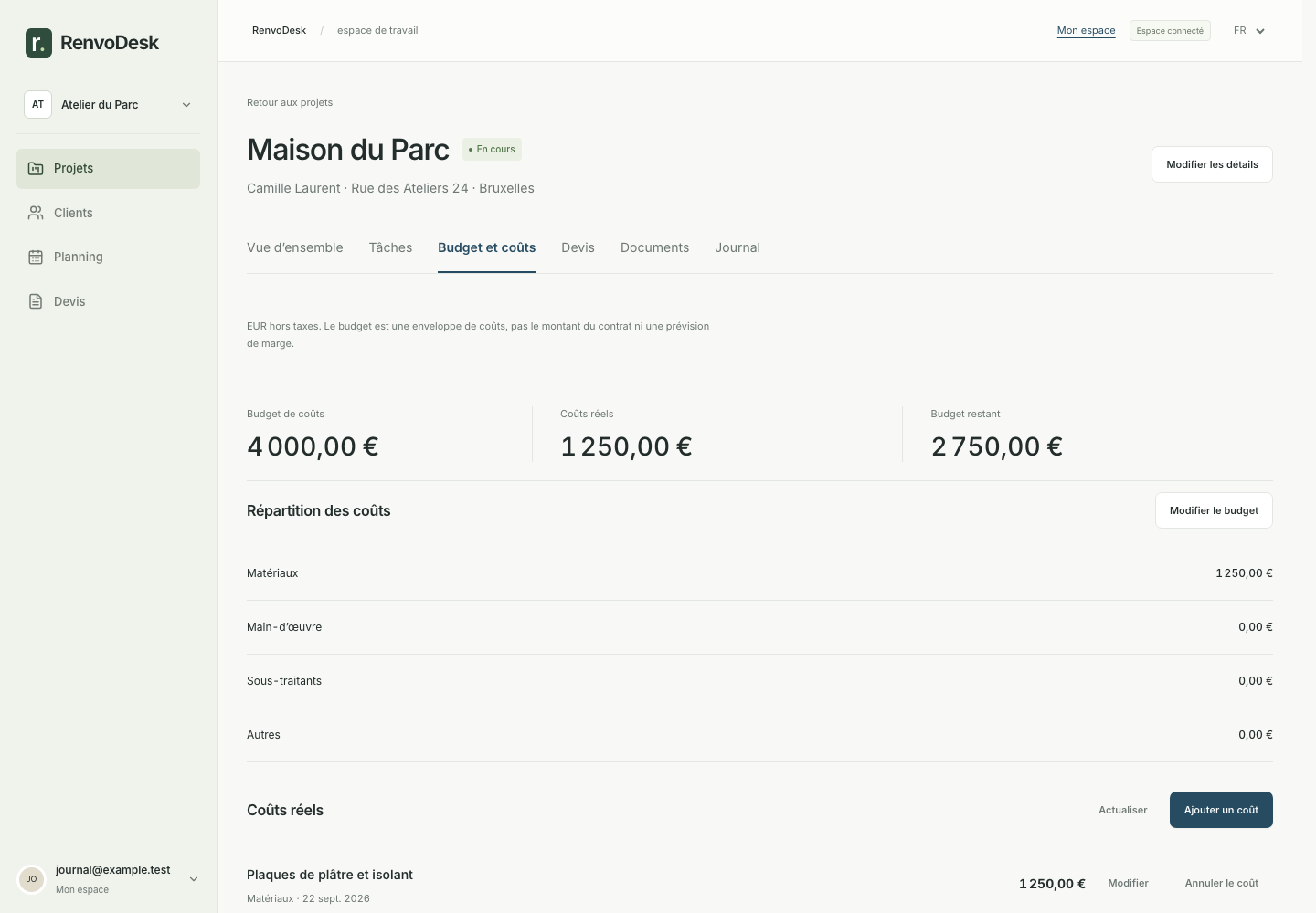 Budget de coûts et dépenses de matériaux enregistrées pour le chantier
