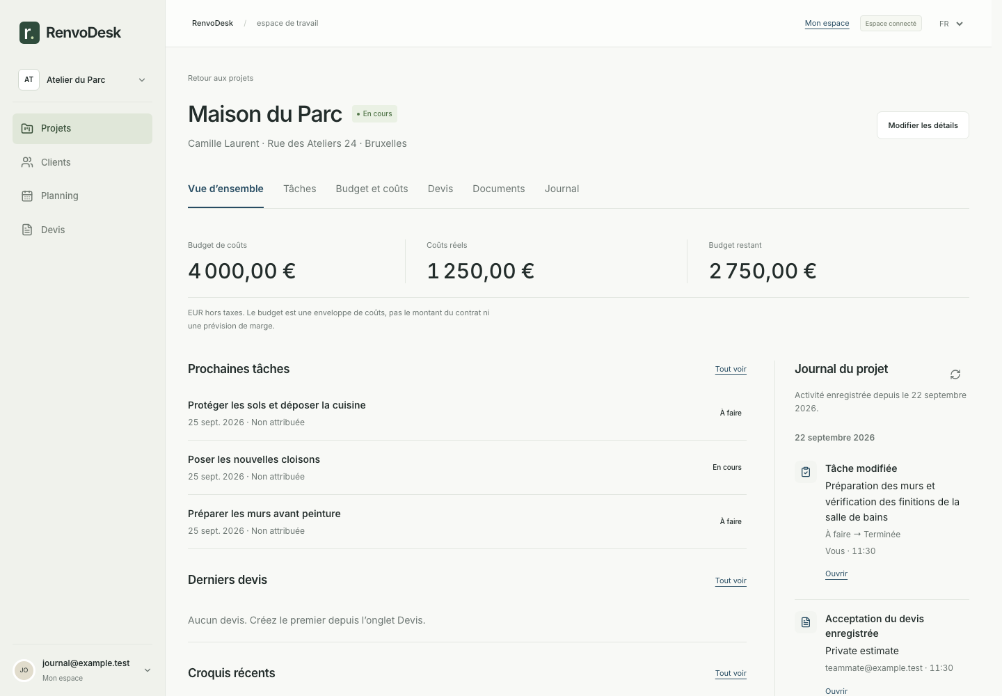 Vue d’ensemble du chantier : budget de coûts, tâches et journal du projet