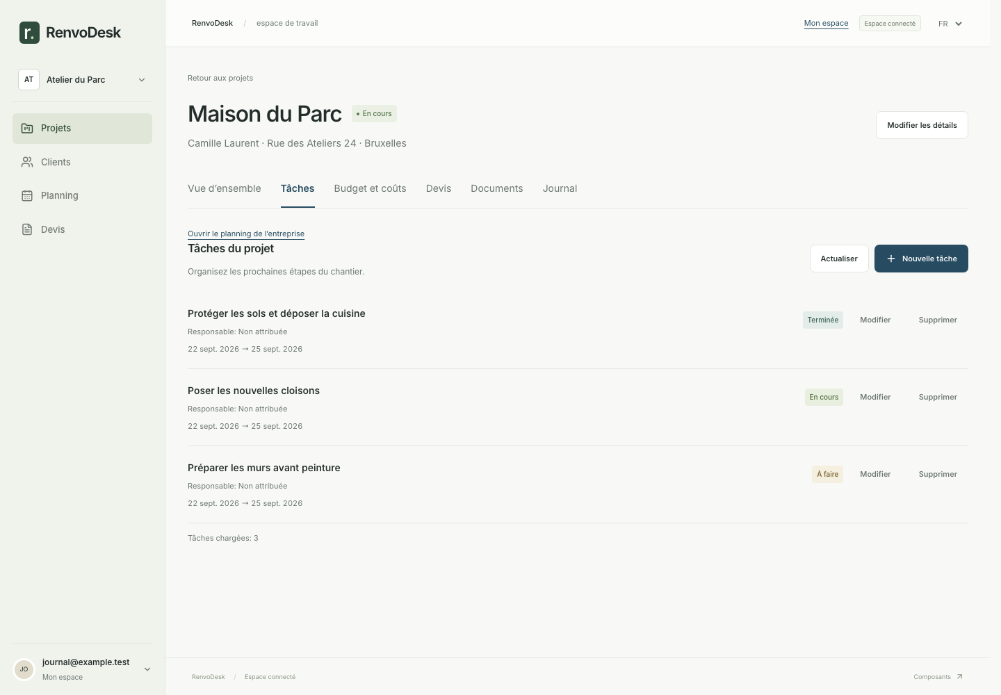 Tâches du chantier avec statuts, dates et attribution à l’équipe